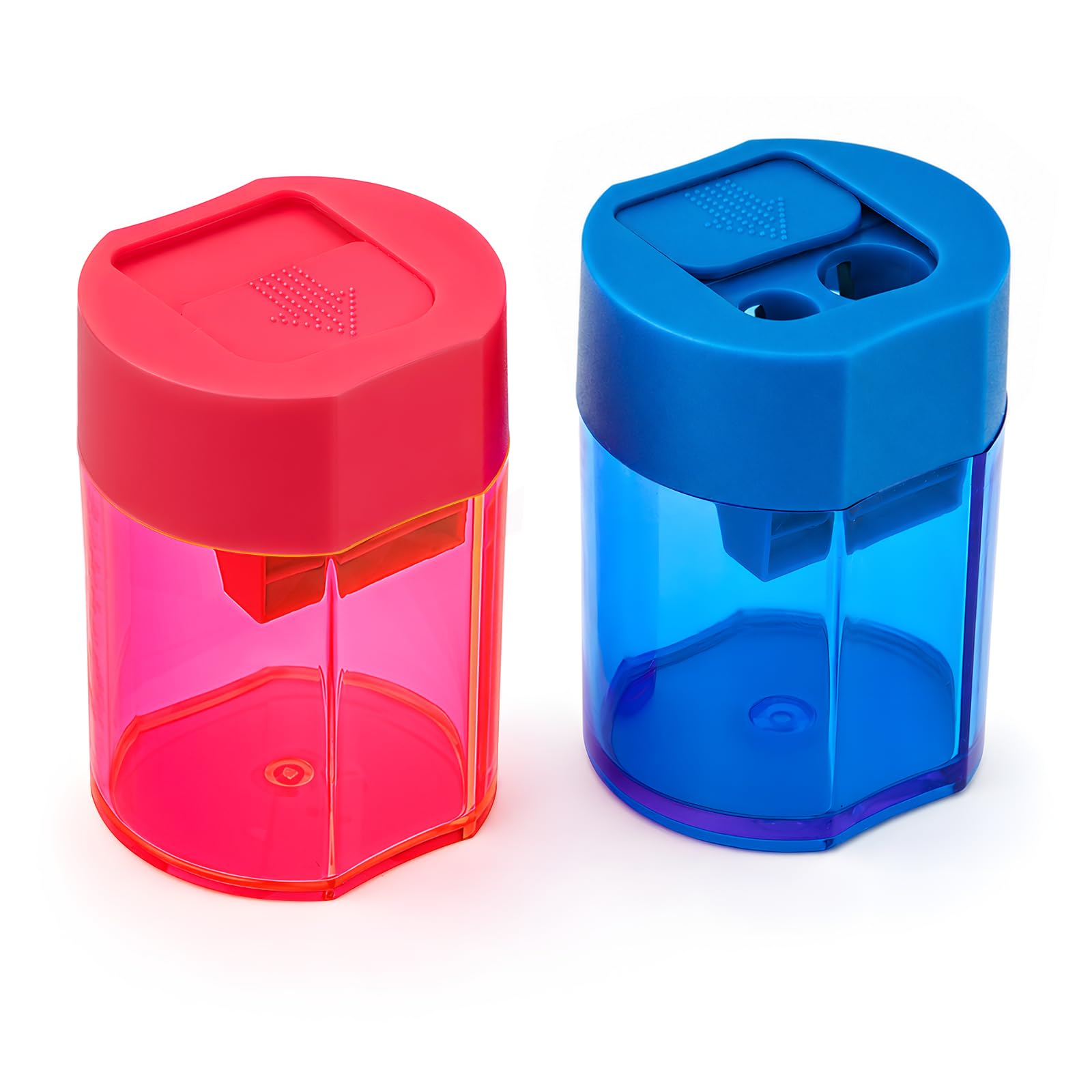 JEFURE 2PCS Pencil Sharpeners, Double-Hole Sharpeners with Container and Slide Cover, Manual Pencil Sharpener for Colouring Pencils, Compact Sharpener for Kids, School, Home, Office (Neon Pink, Blue)