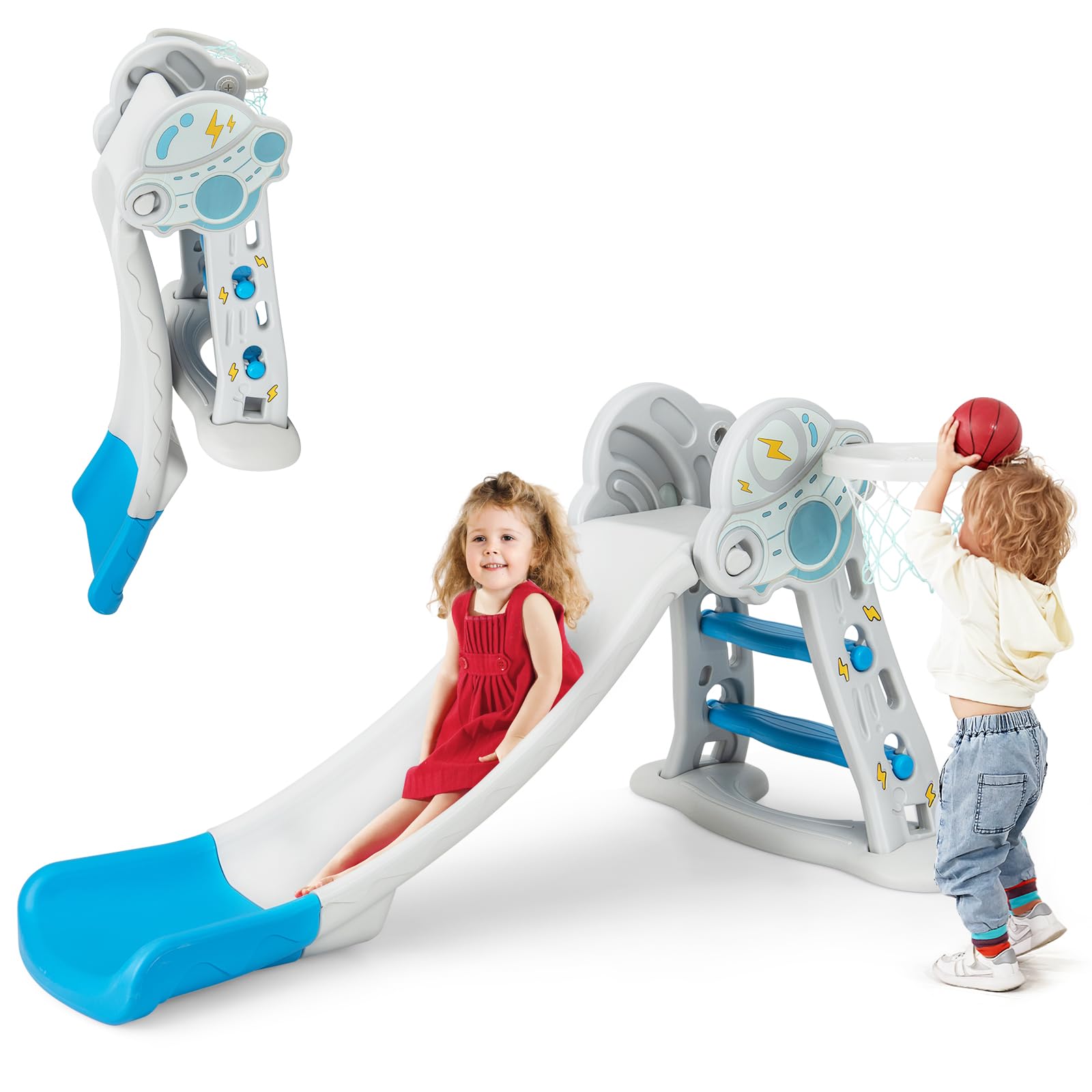 INFANS Toddler Slide, 3 in 1 Foldable Kids Slide Indoor Slideway with Basketball Hoop, Outdoor Climber Freestanding Playset, Extra Long Slipping Slope Sturdy Plastic Playground Toy Blue