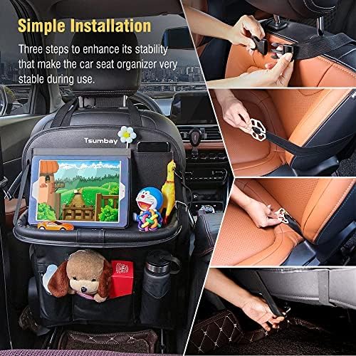 Tsumbay Car Backseat Organiser,Car Organiser with Foldable Tray Table,PU Leather Car Tidy Organiser with 9 Pockets,Car Storage Organiser with Tablet Holder for Parents Drivers -1 Piece