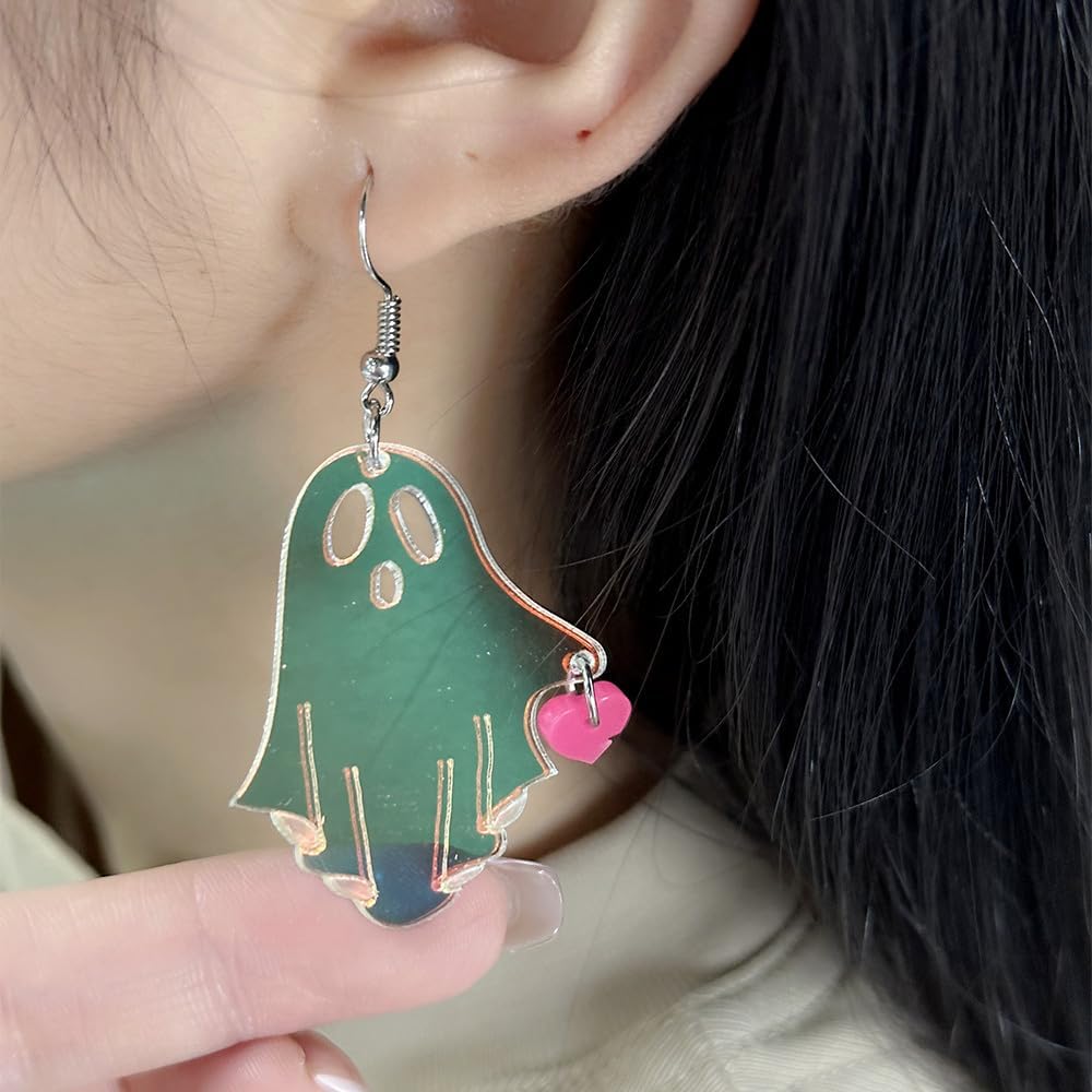 Acrylic Heart Ghost Dangle Earrings for Women Resin Transparent Handmade Cute Pink Heart Dangle Drop Fish Hook Stud Halloween Costume Cosplay Party Jewelry - Image 3