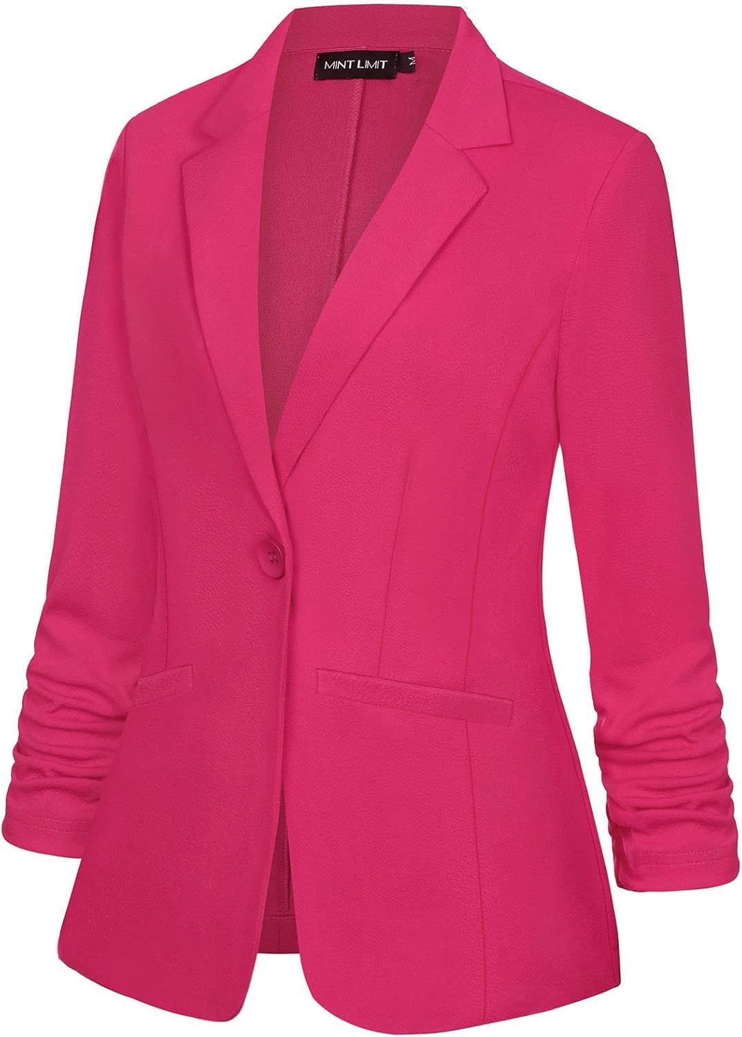 MINTLIMIT Women's Casual Blazer 3/4 Ruched Sleeve Open Front Button Work Office Blazer Jackets with Pockets - Image 2