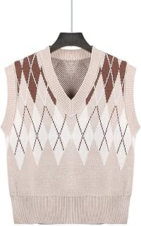 KHJH Knitted Vest,Women Knitted Gilets V Neck Apricot Rhombus Lattice Loose Knitted Waistcoats Sleeveless Jumpers Casual Stylish Autumn Winter Sleeveless Sweater Vest Blouse