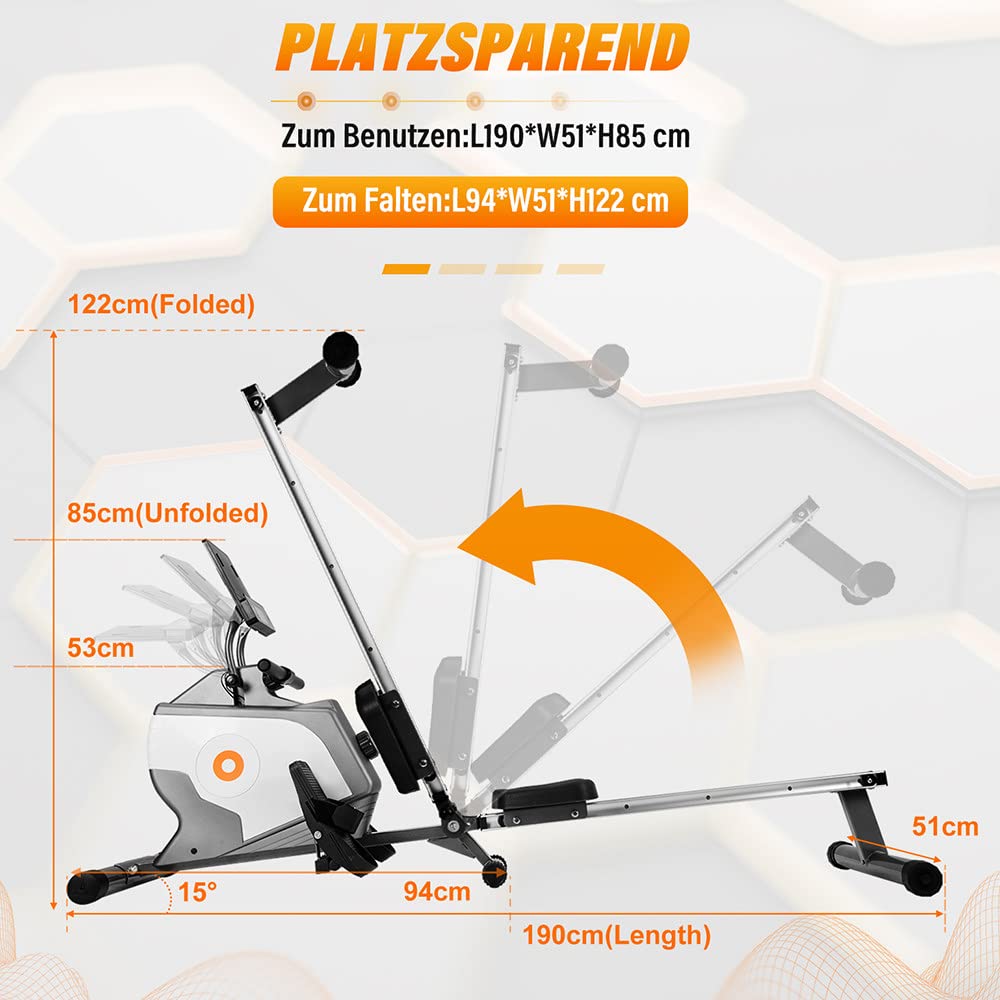 8 Niveaux RéGlable Rameur MagnéTique,Rameur D'Appartement Pliable,Rameur A Eau 120Kg,éCran LCD Multifonction,Double GlissièRes en Aluminium avec Support De Tablette,Machine Sport Maison.
