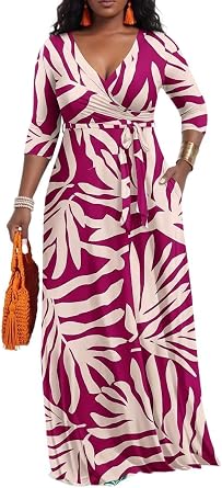 PerZeal Womens Boho Plus Size V-Neck 3/4 Sleeve Maxi Dress Colorful Floral Print, Casual Summer Long Dress with Belt