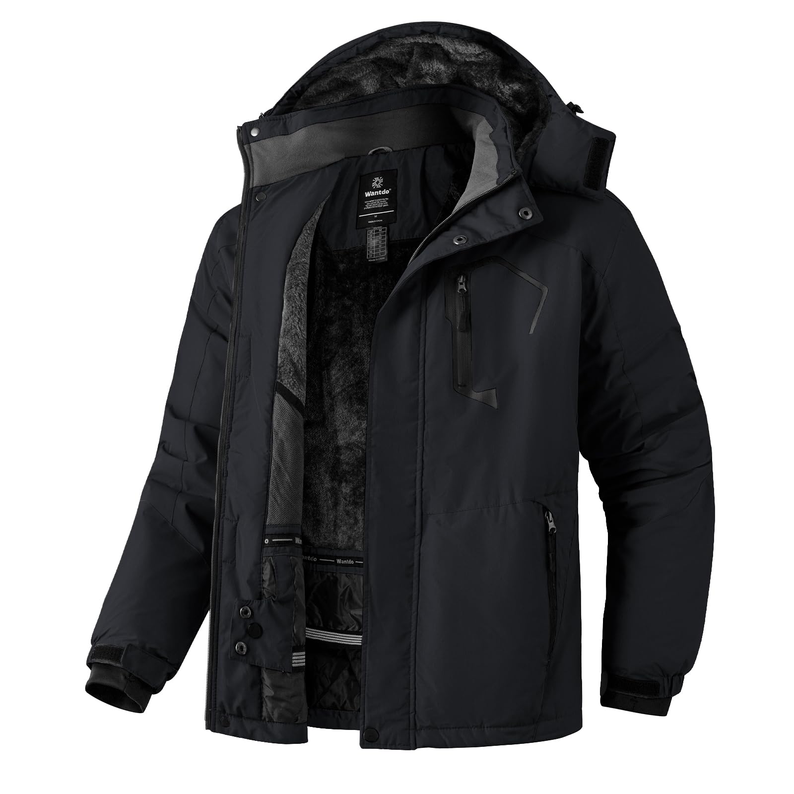 Wantdo Giacca da Sci Montagna Calda Invernale Parka da Neve Imbottita Cappotto da Snowboard in Pile Giubbotto con Cappuccio Impermeabile Uomo