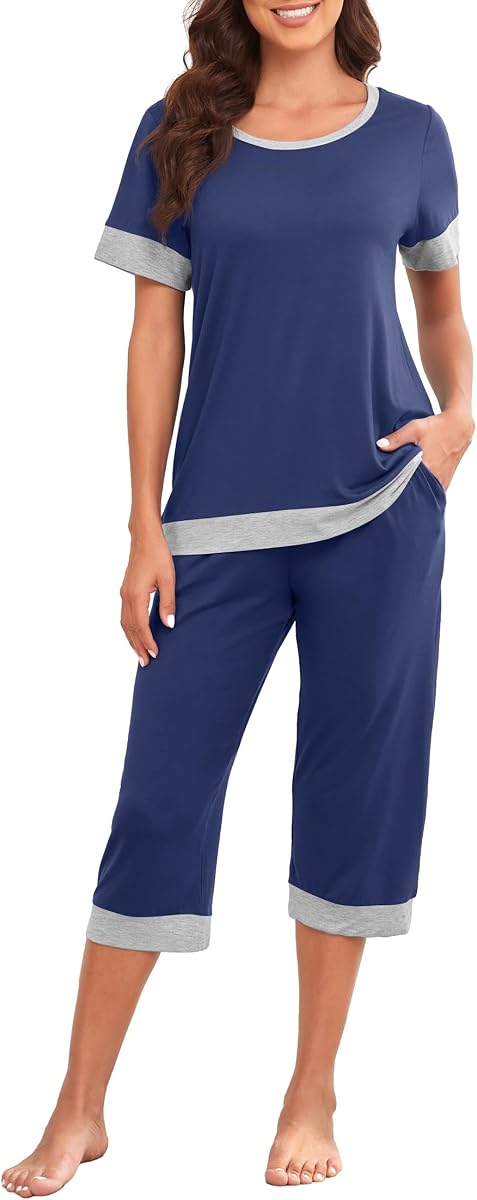 PrinStory Conjunto de pijama para mujer Capri Pjs Soft Lounge Sets S-4XL | Camisa de manga corta y pantalón capri con bolsillos, tejido transpirable y elástico, pijama de verano de 2 piezas, ropa de dormir suave