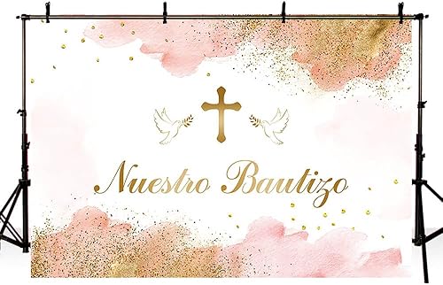 Miniatura 4 de Telón de fondo Mi Bautizo de 7 x 5 pies para Nuestro Bautizo Baby Bautizo Bautizo Fotografía Fondo Rosa Acuarela Nubes Doradas Cruz Paz Paloma