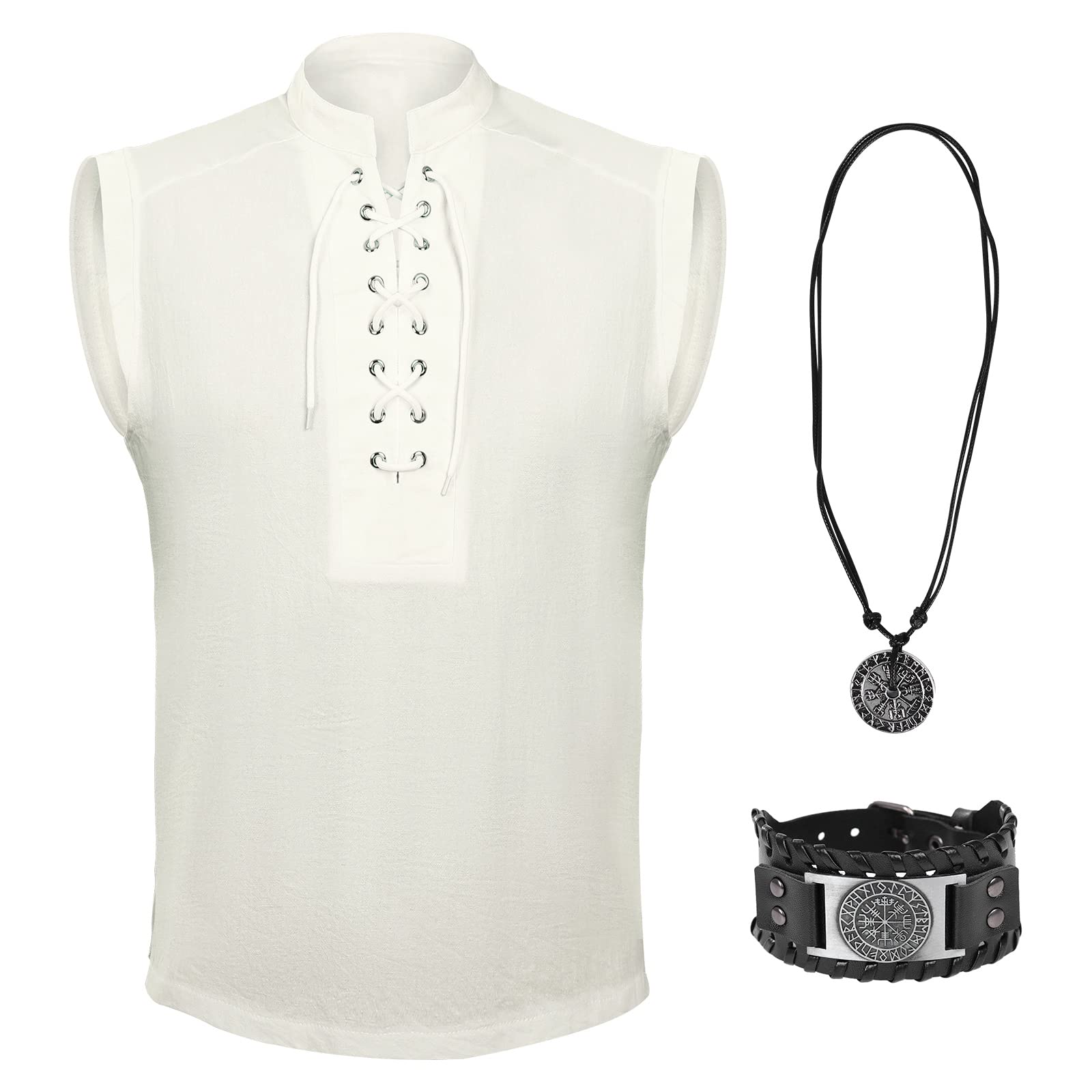 Renaissance Costume Unisex, Pirate Shirt, with Viking Rune Necklace and Badge