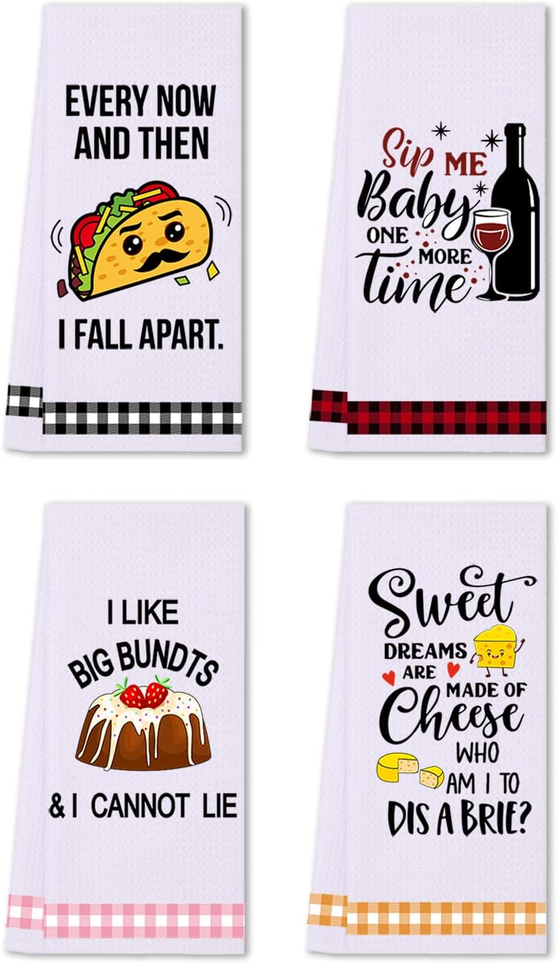 LXOMILL Funny Kitchen Towels, Cute Decorative Dish Towels Sets, Absorbent Waffle Hand Towels, Housewarming Gifts for New Home, Women, Mom, Set of 4, Funny House Warming Presents, Hostess Gifts
