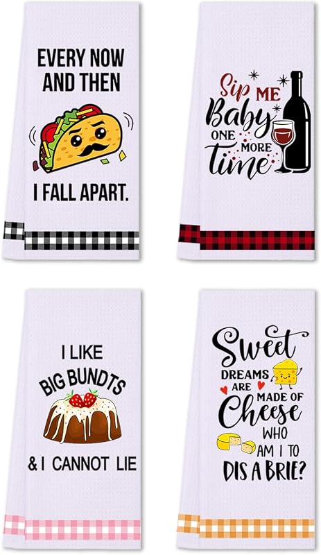 LXOMILL Funny Kitchen Towels, Cute Dish Towels, Housewarming Gifts for Women, Set of 4