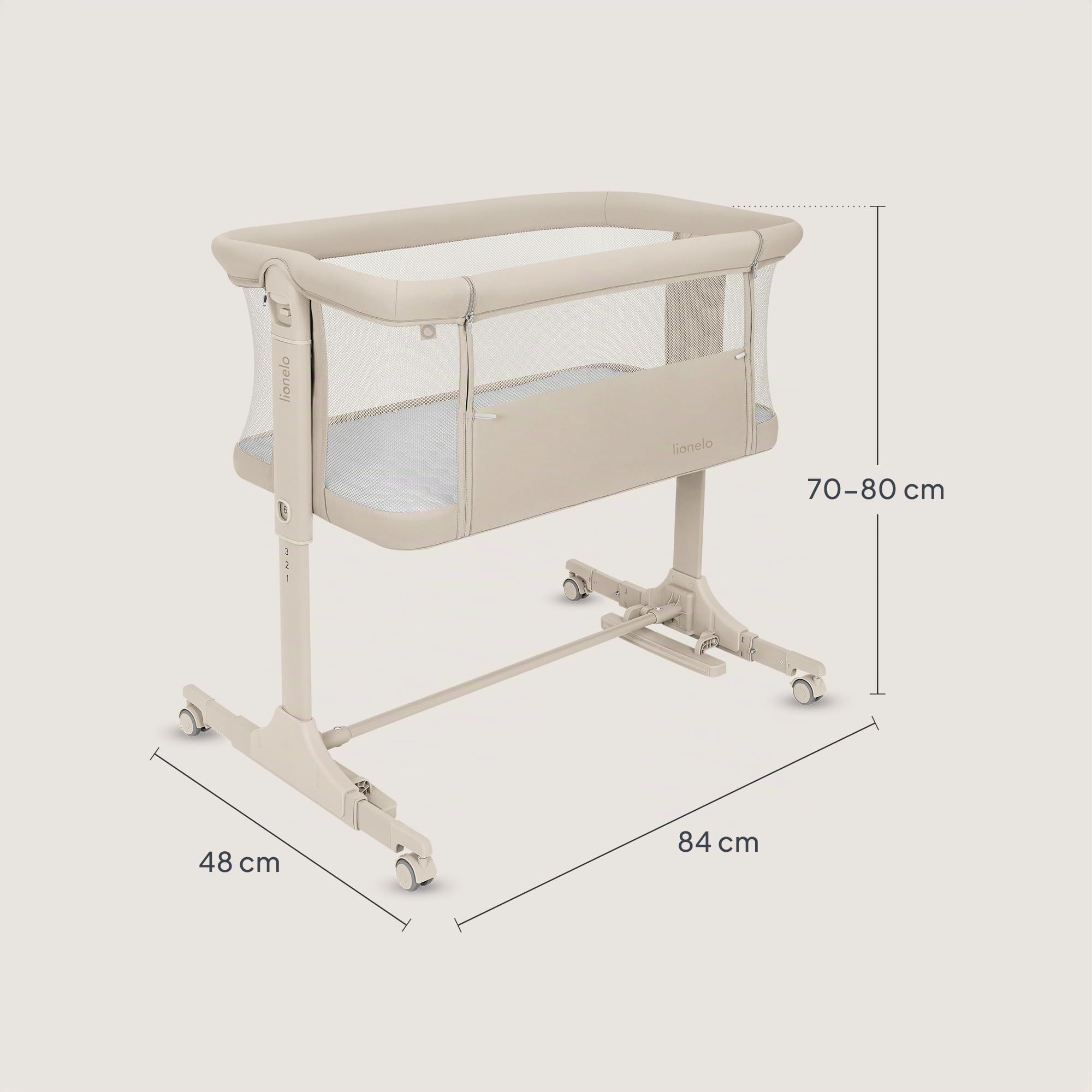 lionelo PARI Culla Co Sleeping Fianco Letto 3 in 1, Regolabile in Altezza 6 Livelli, Materasso T25 2 cm, Ruote con Blocco e Dondolo, Gambe Regolabili per Letto Continentale, Rivestimento Lavabile