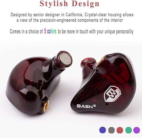 Miniatura 3 de BASN Auriculares de alta definición para músicos con auriculares MMCX desmontables controladores dinámicos duales y aislamiento de ruido (rojo)