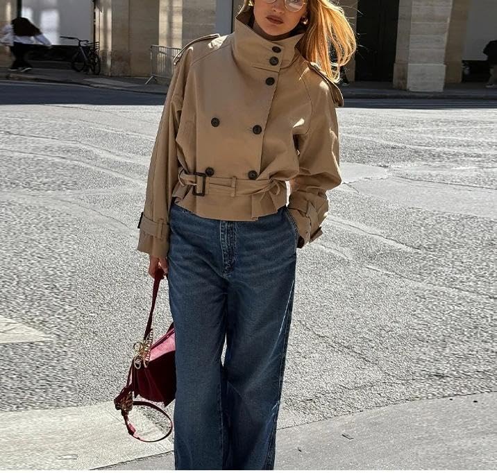 Womens Belted Waist Cropped Trench Double Breasted Stand Collar Elegant Coat Casual Vintage Jacket