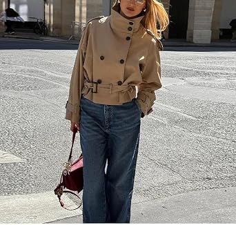 Womens Belted Waist Cropped Trench Double Breasted Stand Collar Elegant Coat Casual Vintage Jacket
