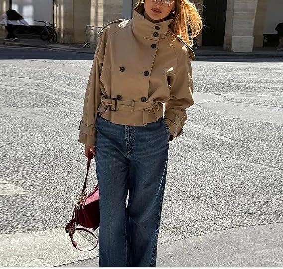 Womens Belted Waist Cropped Trench Double Breasted Stand Collar Elegant Coat Casual Vintage Jacket