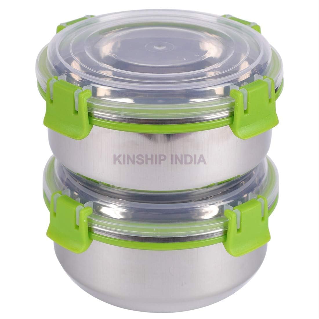 KINSHIP INDIA Smart Lock and Lock Stainless Steel Lunch Box Tiffin Bowl (Green, 425 ml, 13 cm Dia) - Set of 2
