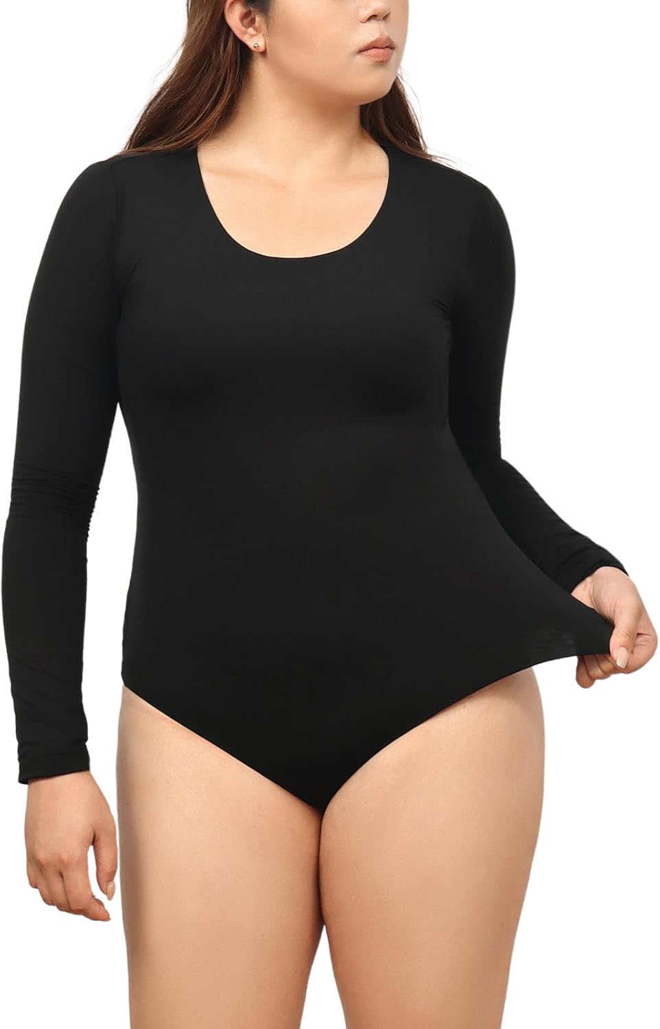 Long Sleeve Bodysuit Built in Bra Round Neck Double Lined Body Suit Women Basic Slimming Shirt Tops - Image 4