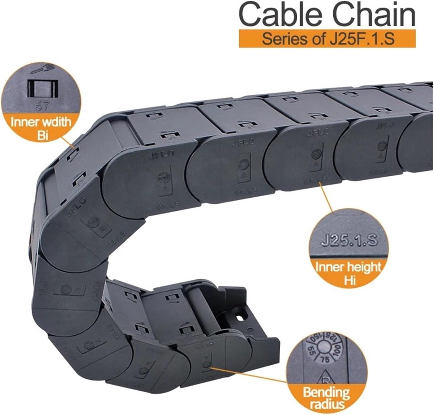 BIRAN 1-Meter Cable Drag Chain.Series of J25F.1.S-Enclosed Type Both Side Opening(75mm,25x60mm-FJT)