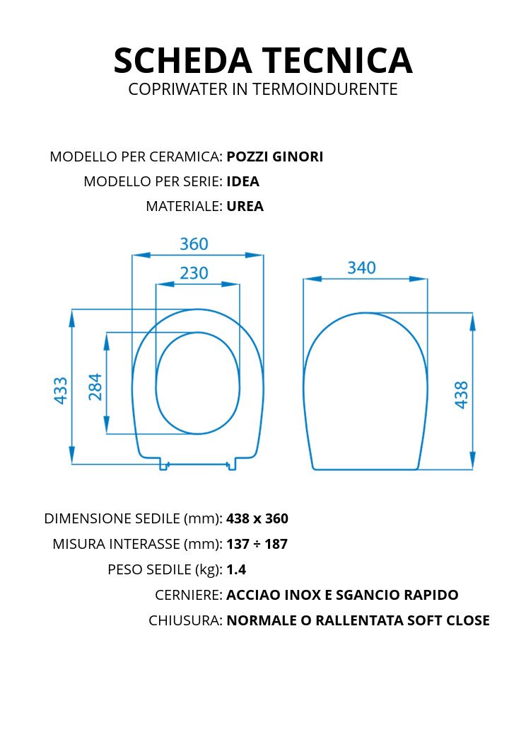 Copriwater per POZZI GINORI IDEA TERMOINDURENTE BIANCO cerniera inox normale o rallentata soft close