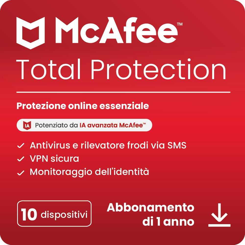 McAfee Total Protection 10 dispositivo 2025 12 mesi VPN sicura, software di sicurezza che include antivirus, gestore delle password, monitoraggio dell'identità Download digitale