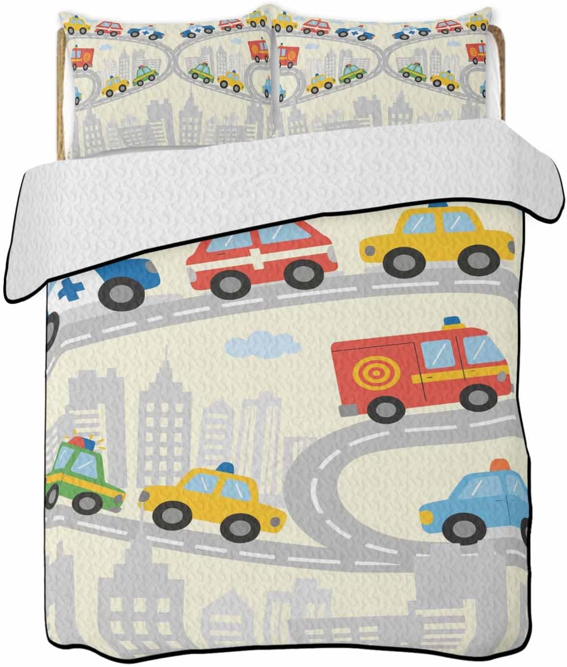 Beige Childlike Fun Summer Quilt Set Twin Size,Soft Microfiber Quilted Bedding Set with 2 Pillow Shams,Abstract Modern City Car Silhouette Lightweight All Season Bedspread Coverlet for Bedroom 68"x86"