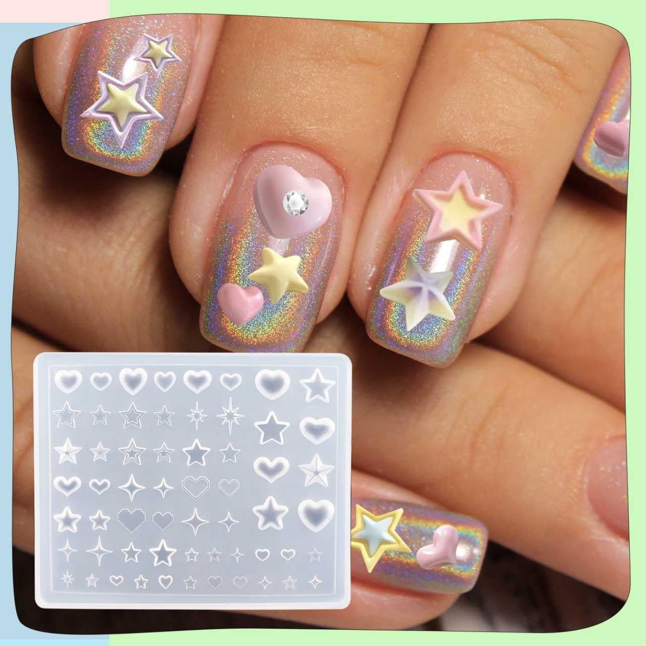 Plantillas de Uñas Y2k Corazón Estrellas Starburst, Molde de Silicona Arte Uñas Francesas