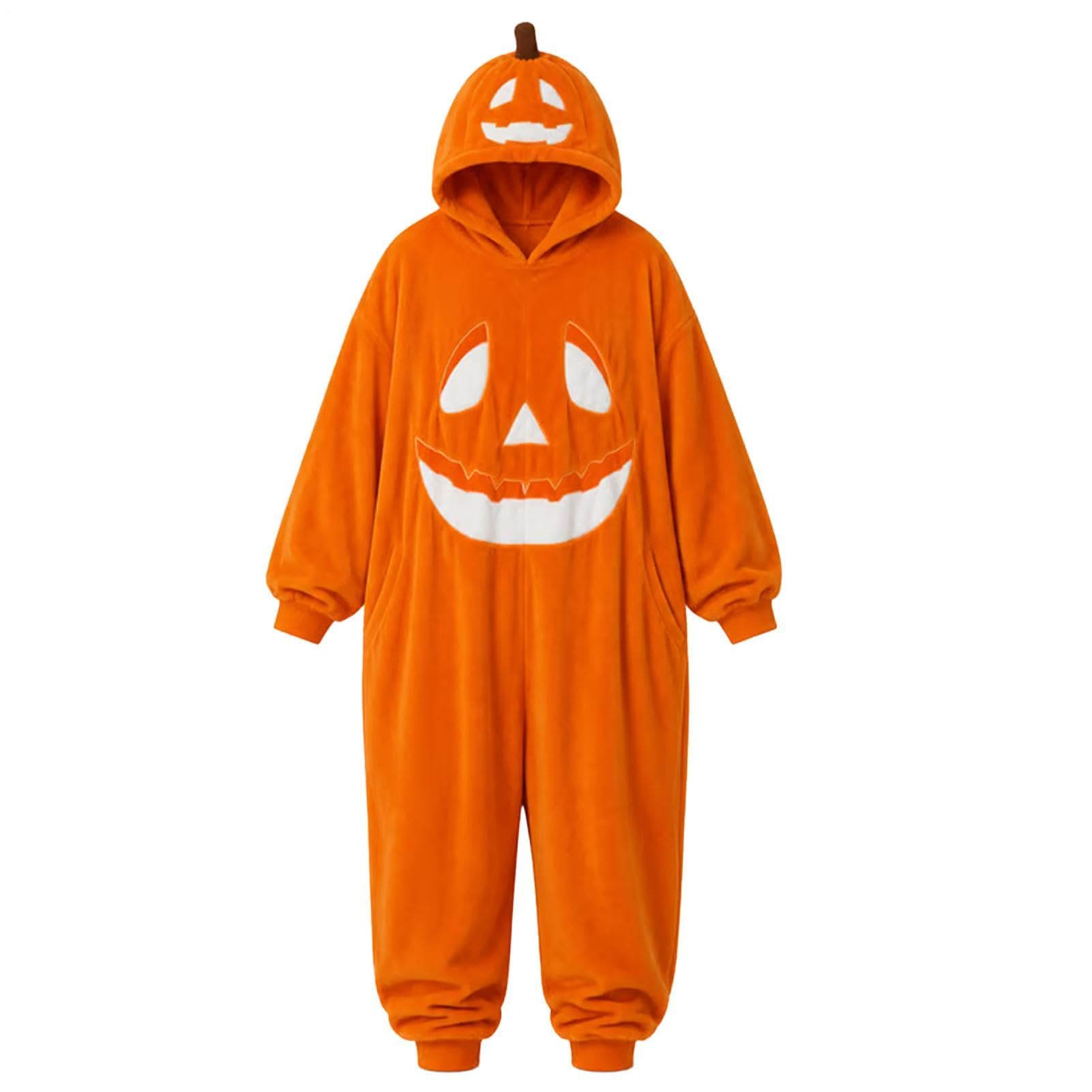 Kostiumy na Halloween dla dorosłych, miękka, pomarańczowa, unisex, odzież domowa z kapturem | Halloweenowa piżama jednoczęściowa z dynią na cosplay koncert impreza domowa maskarada rodzina