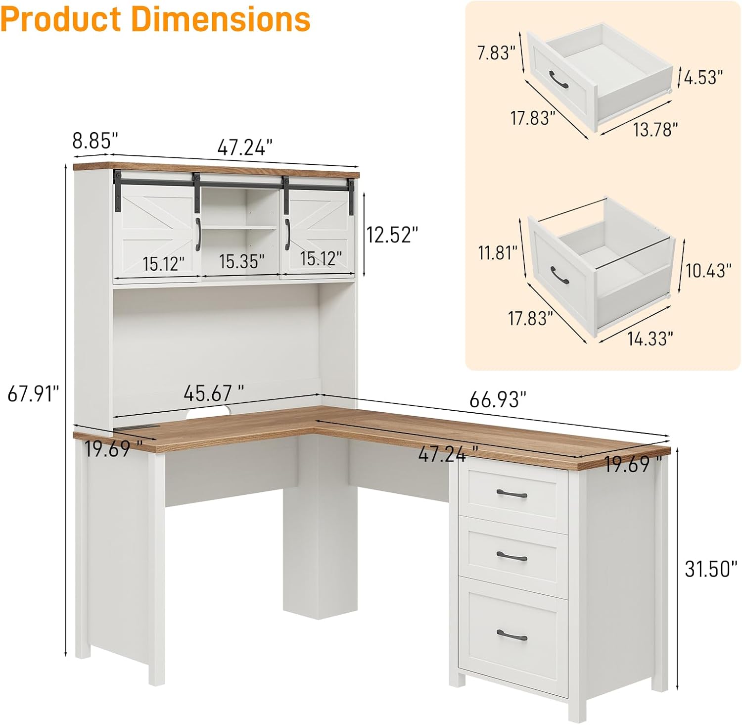Farmhouse 68"H L Shaped Desk with Hutch,Office Table with 3 Drawers and Sliding Doors, Executive Desk with File Drawers and Charging Station,Workstation for Home Office & Study, Unique White.