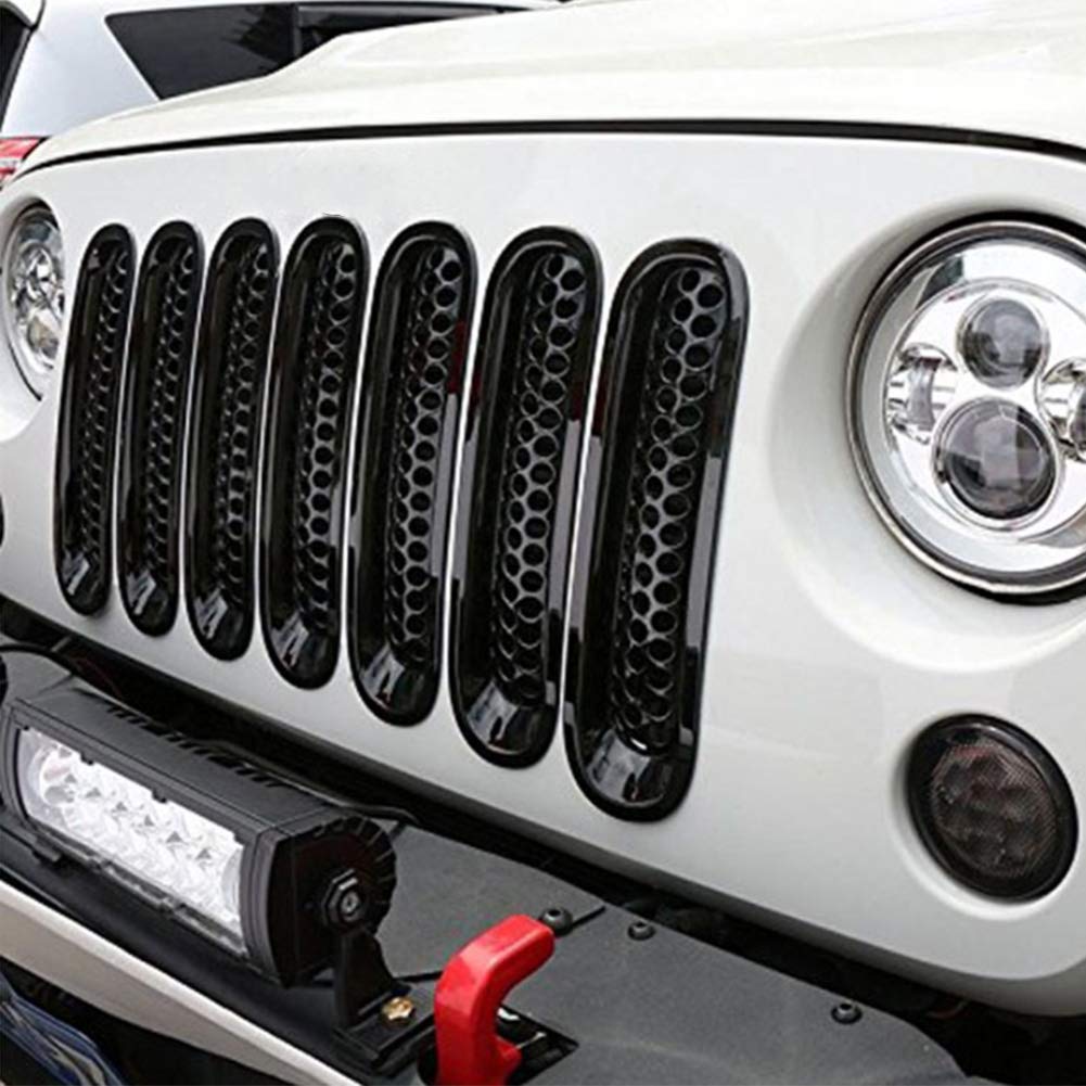 Reja, Qiilu Grille, 7 piezas de rejilla de malla de parachoques delantero negro para Wrangler JK 2007-2017