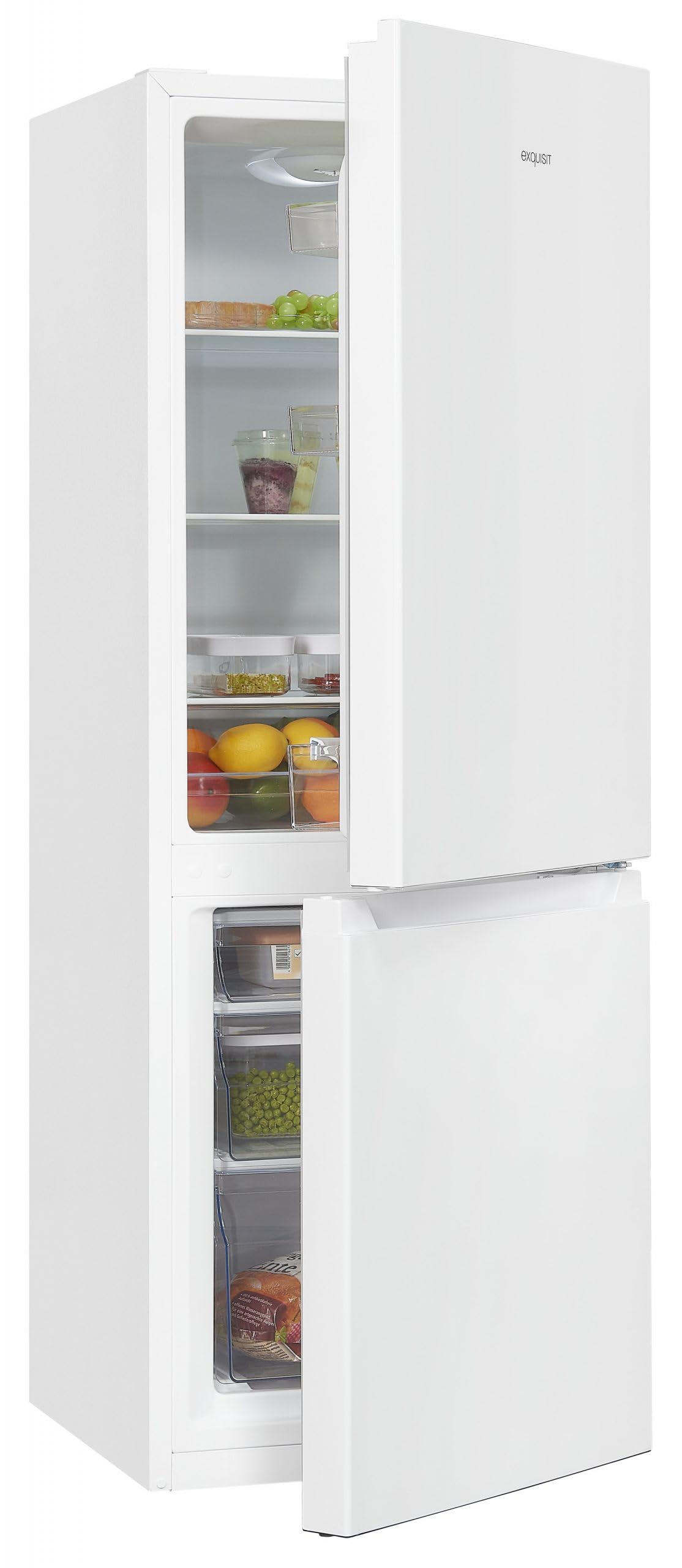 Exquisit® Frigorífico Combi, 175L, Clase E, Color Blanco, Cajón Verdulero, Estantes de Cristal, Altura Regulable, Tiradores Integrados, Luz LED, Consumo 195 kWh/año, Medidas 143,5x49x56,5 Cm.