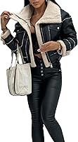Sexyshine Women's Sherpa-Lined Faux Leather Moto Bomber Jacket - Stylish Cropped Winter Aviator Coat
