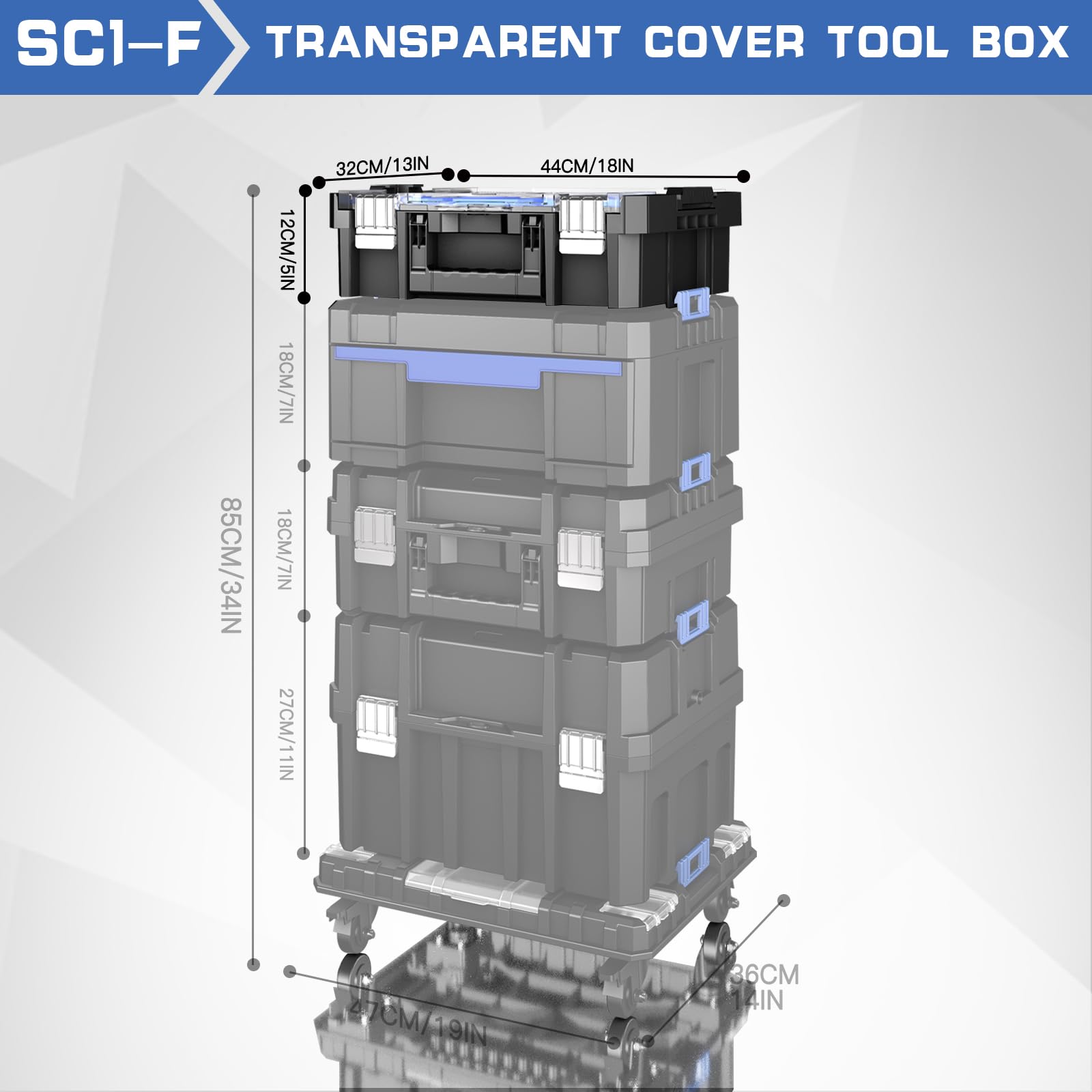 Caja Herramientas 43CM Tapa Transparente,AIRAJ Caja de Herramientas Modular,Caja Herramientas Vacia Apilable,Con 6 Cajitas Para Piezas,Para Guardar Herramientas y Accesorios Pequeños(SC1-F)