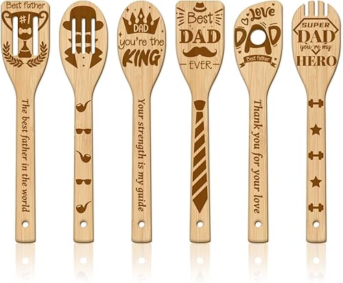 GLOBLELAND Juego de 6 cucharas de madera para padre, juego de utensilios de cocina de bambú para tallar, espátulas de cocina grabadas de madera para