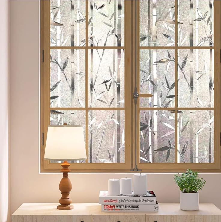 Image of SIA VENDORS Window Privacy Decorative Stained Glass Window Decal Tint Film, Adhesive Static Cling Sun Blocking Window Stickers, Door Covering for Home (12IN' x 5FT', BambooLeaf)