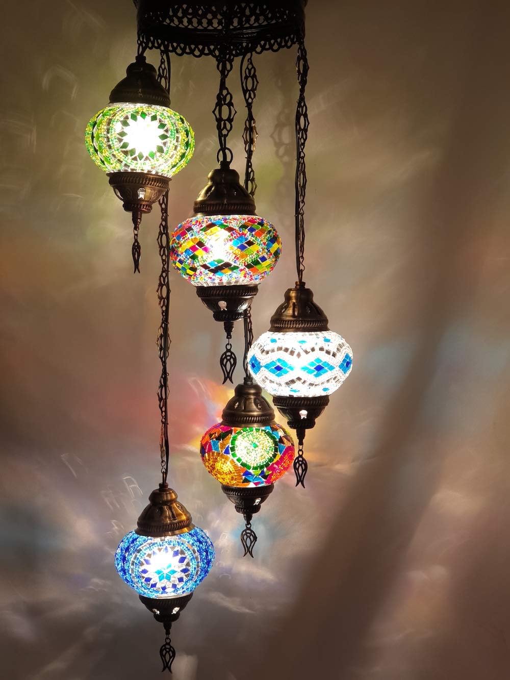 DEMMEX Turkish Moroccan Mosaic Plug-in Chandelier, 5-Globe Colorful Bohemian Swag Pendant Light with 15-ft Cord & Chain, 3.5 ft Drop for Living Room & Bedroom (Customizable)