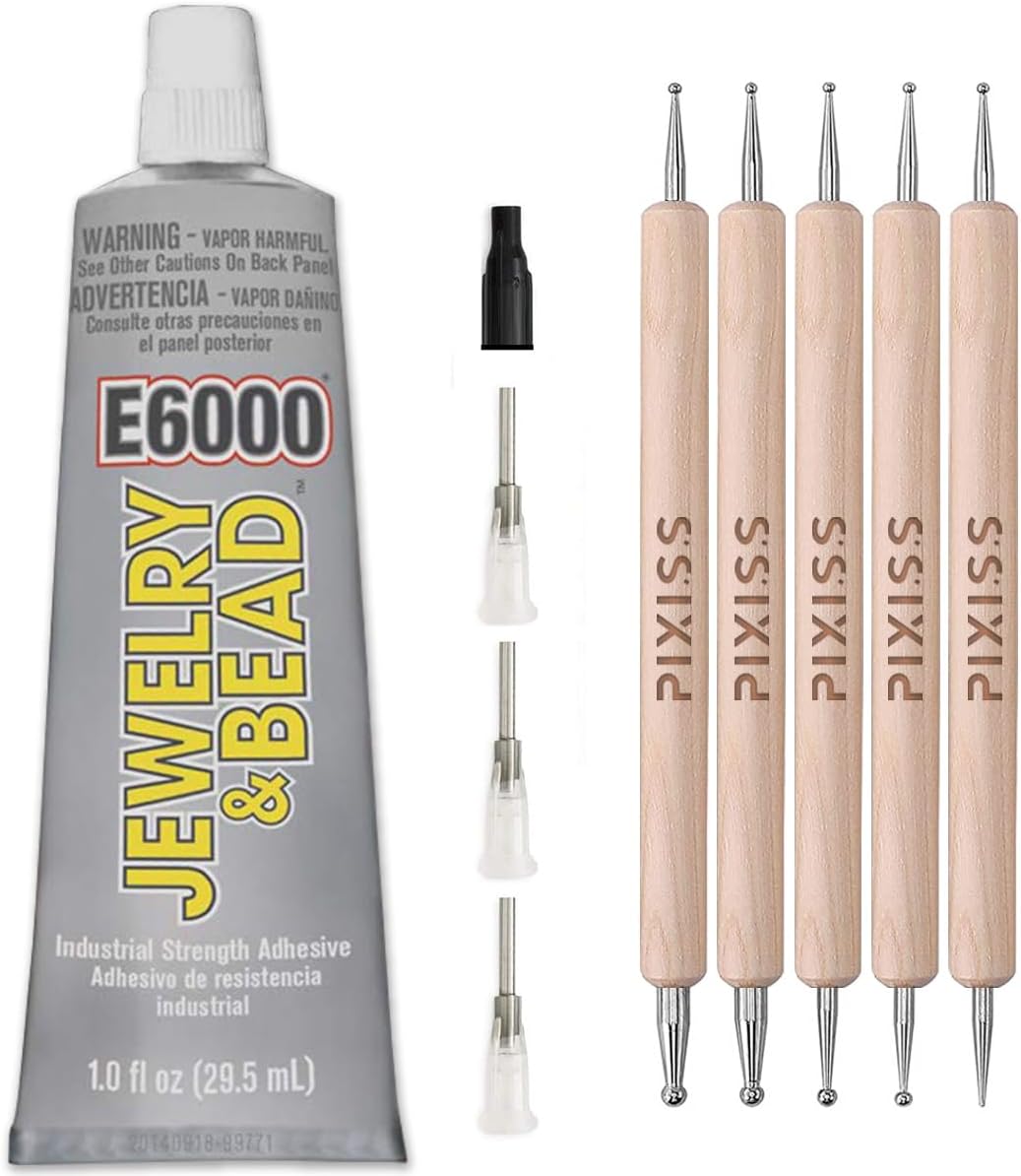 E6000 Jewelry Bead Adhesive Glue for Jewelry Making with 4 Precision Applicator Tips and Pixiss Art Dotting Stylus Pens 5 pcs Set - Rhinestone Applicator Kit