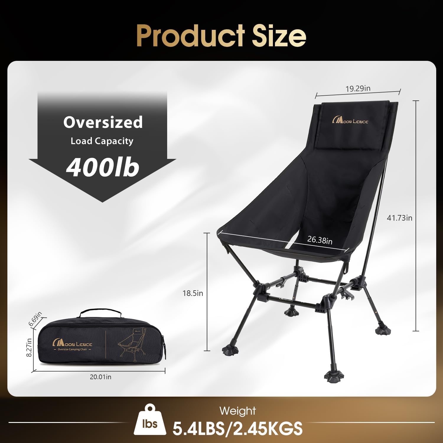 MOON LENCE Oversized High Back Camping Chair for Adults, Height Adjustable Folding Chair with 400 lbs Capacity, Hidden Pillow Pocket and Wide Seat for Camping, Base Camp, Fishing, Overlanding, Black