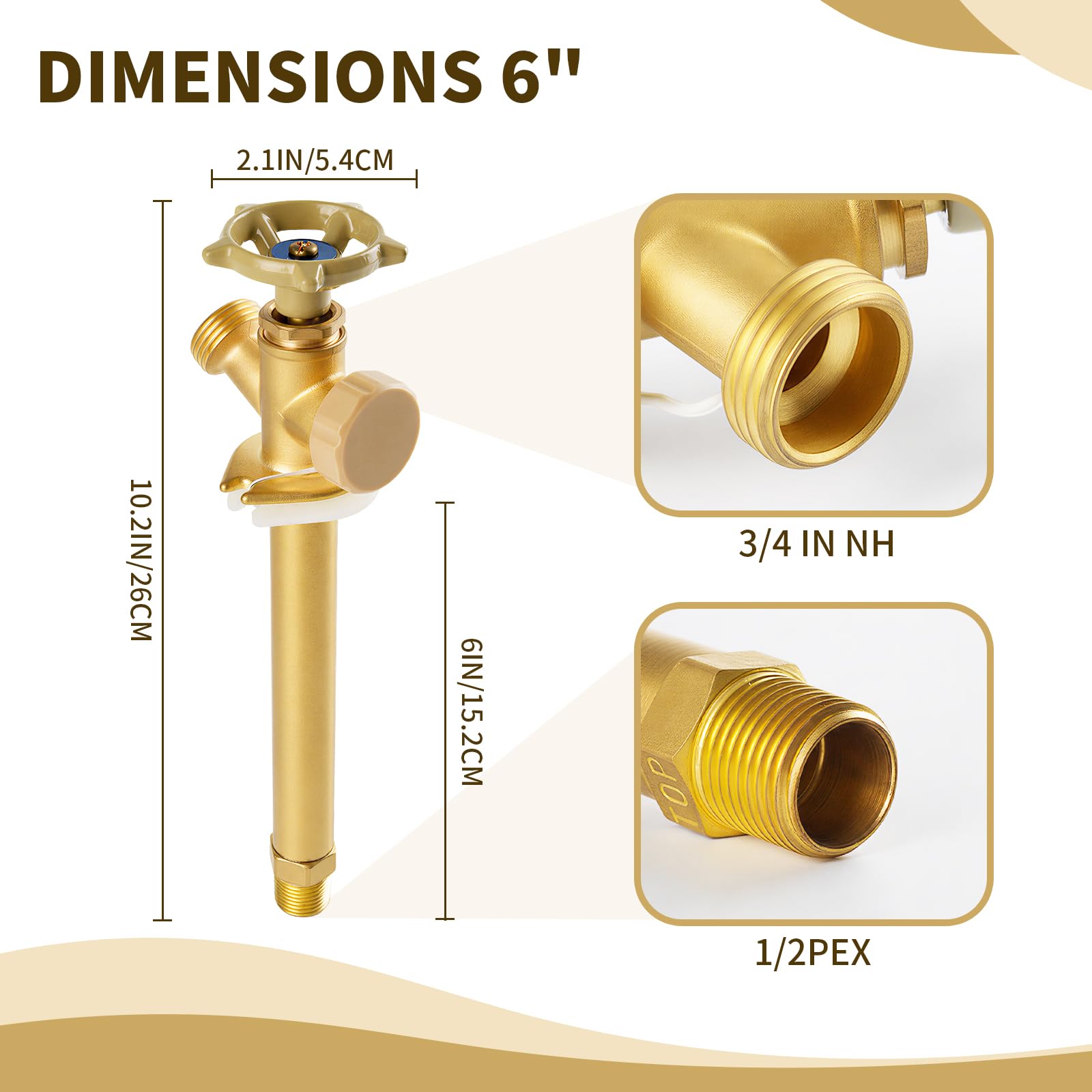 Grifo antisifón de 8 pulgadas sin heladas, MHT de 1/2 x 3/4 pulgadas, accesorio de fontanería de latón de empuje para conectar, tubo PEX, cuerpo de latón chapado en cromo, 8 pulgadas de longitud