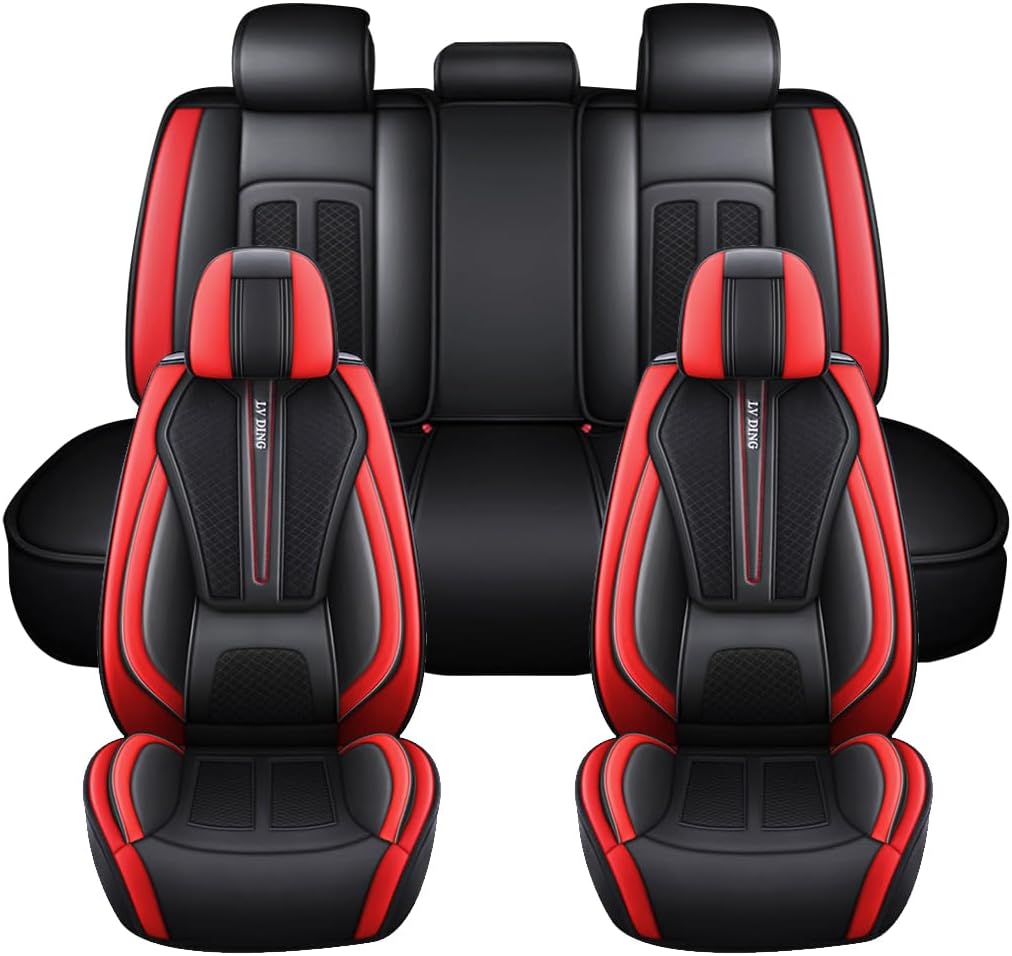 Car Seat Covers for Peugeot 108 206 207 208 301 307 308 Full Set with Waterproof Leather,Airbag Compatible Front Rear Seat Automotive Vehicle Protection Cushion Black Red (Mbz-97)