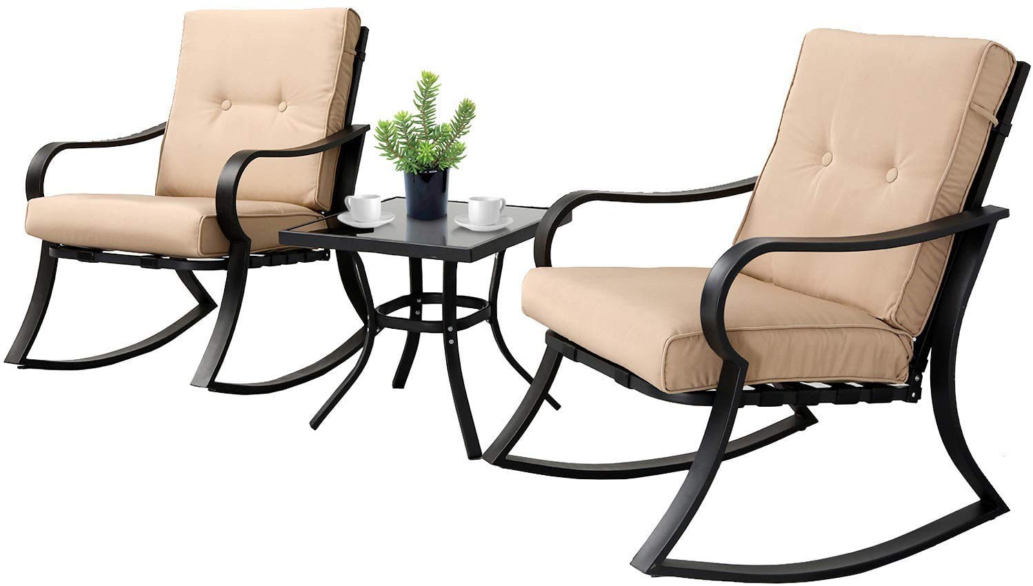 Incbruce 3 Piece Patio Bistro Set Outdoor Rocking Chairs Set, Porch Patio Conversation Chairs Set of 2 with Glass-Top Coffee Table (Brown Thickened Cushion)