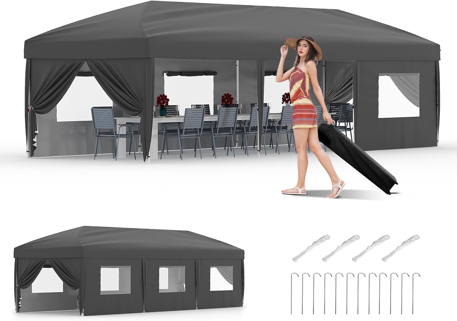 10x30 Pop Up Canopy Tent, Heavy Duty Outdoor Party Tent with 8 Removable Sidewalls, 3 Adjustable Heights, Sandbags, Stakes & Guy Ropes for Camping, Wedding, Commercial Use
