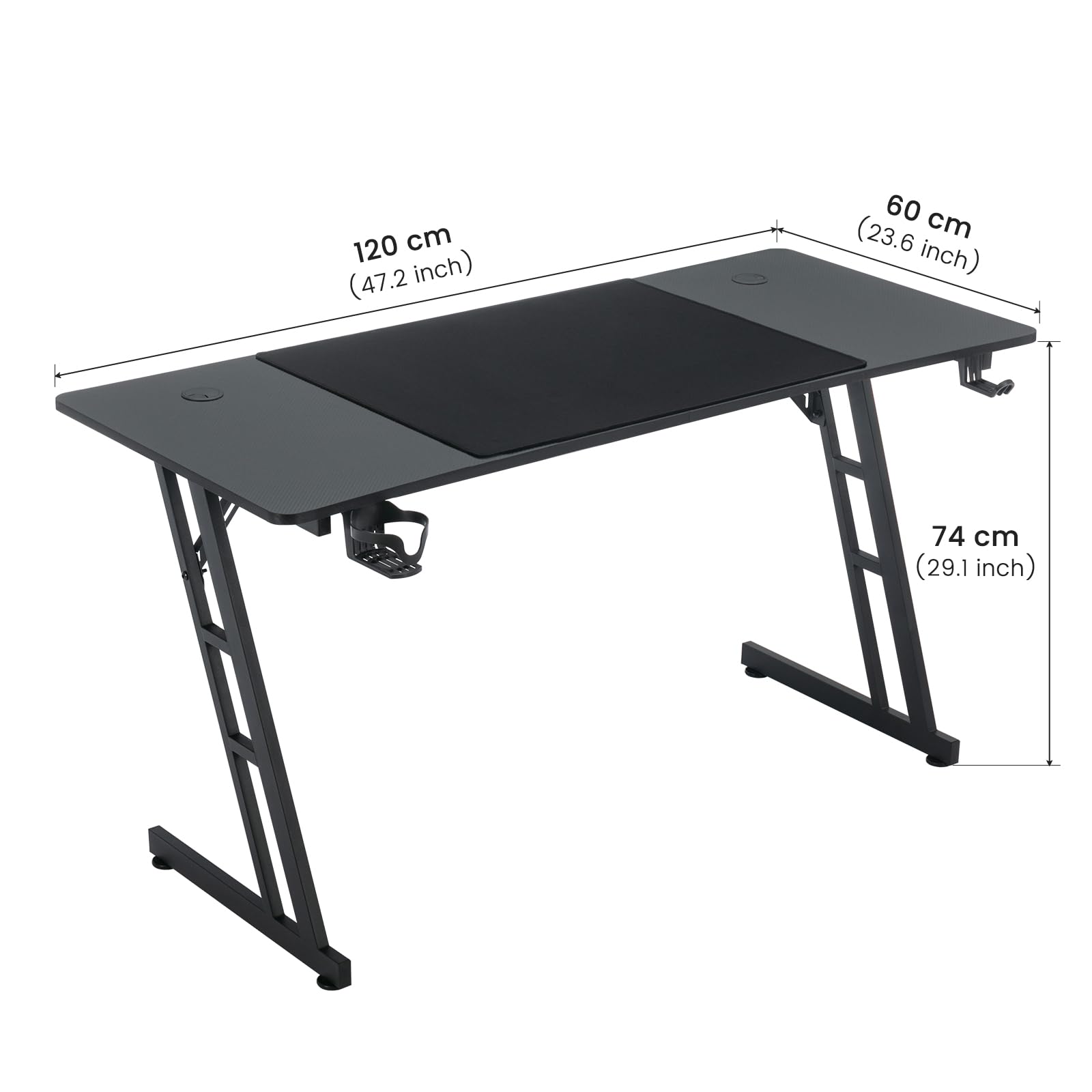 Scrivania Gaming 120x60cm, Scrivanie Gaming con Ganci per Cuffie e Porta Bicchiere, Tavolo Gaming Computer Ergonomica di Telaio Z Stabile, Postazione PC Gaming Fibra di Carbonio, Facile da Montare