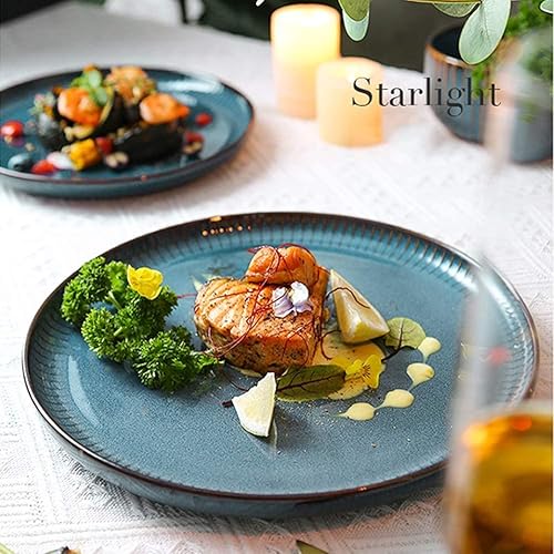 Miniatura 2 de GagalU Juego de vajilla de 28 piezas, platos y cuencos de cerámica, juego de vajilla de cerámica azul de cerámica reactiva redonda vintage, servicio