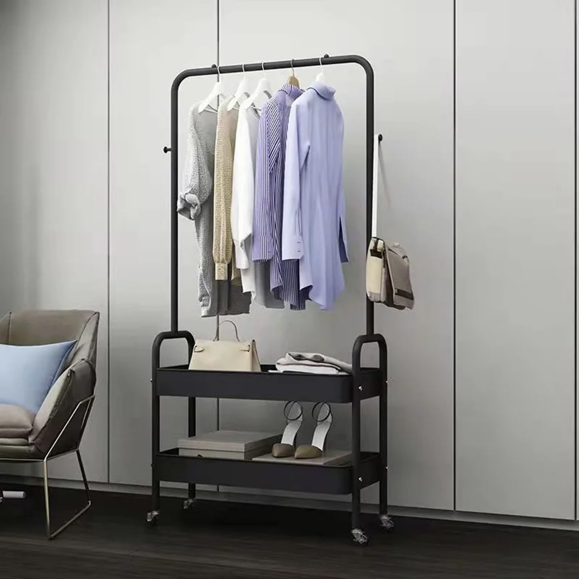 Lukzer 2 in 1 Portable Clothing Garment Rack with Rolling Organizer 2-Tier Metal Baskets, Hanging Rack, and Laundry Cart on Wheels for Bedroom, Laundry, and Entryway (Black/32X66X156cm) offers donot miss 8 Lukzer 2 in 1 Portable Clothing Garment Rack with Rolling Organizer 2-Tier Metal Baskets, Hanging Rack, and Laundry Cart on Wheels for Bedroom, Laundry, and Entryway (Black/32X66X156cm) offers donot miss