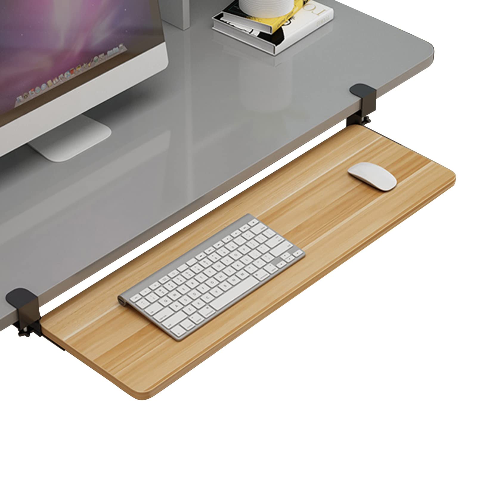 CVJdfhRE desk extender， Keyboard Tray Under Desk Pull-out Holder, Mouses Platforms, Support Stands And Storage Shelves, Clamp-On Easy Install(B walnut,75x25cm(30x10Inch))