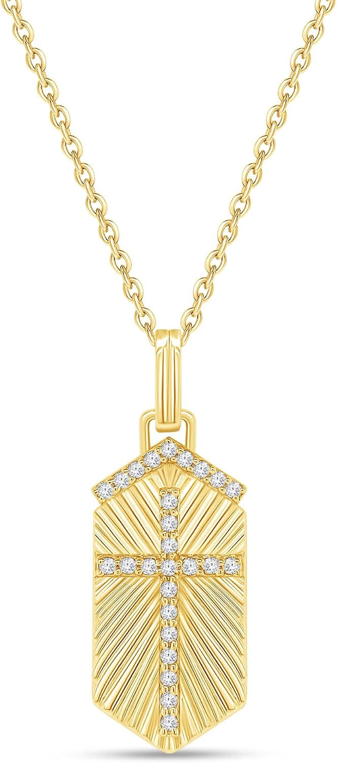Cross Pendant Necklace for Women 1/4 Carat (ctw) Round Cut Lab Grown Diamond Scapular Shield Medallion Pendant Necklace in 14K Gold Plated 925 Sterling Silver or Vermeil Jewelry for Her