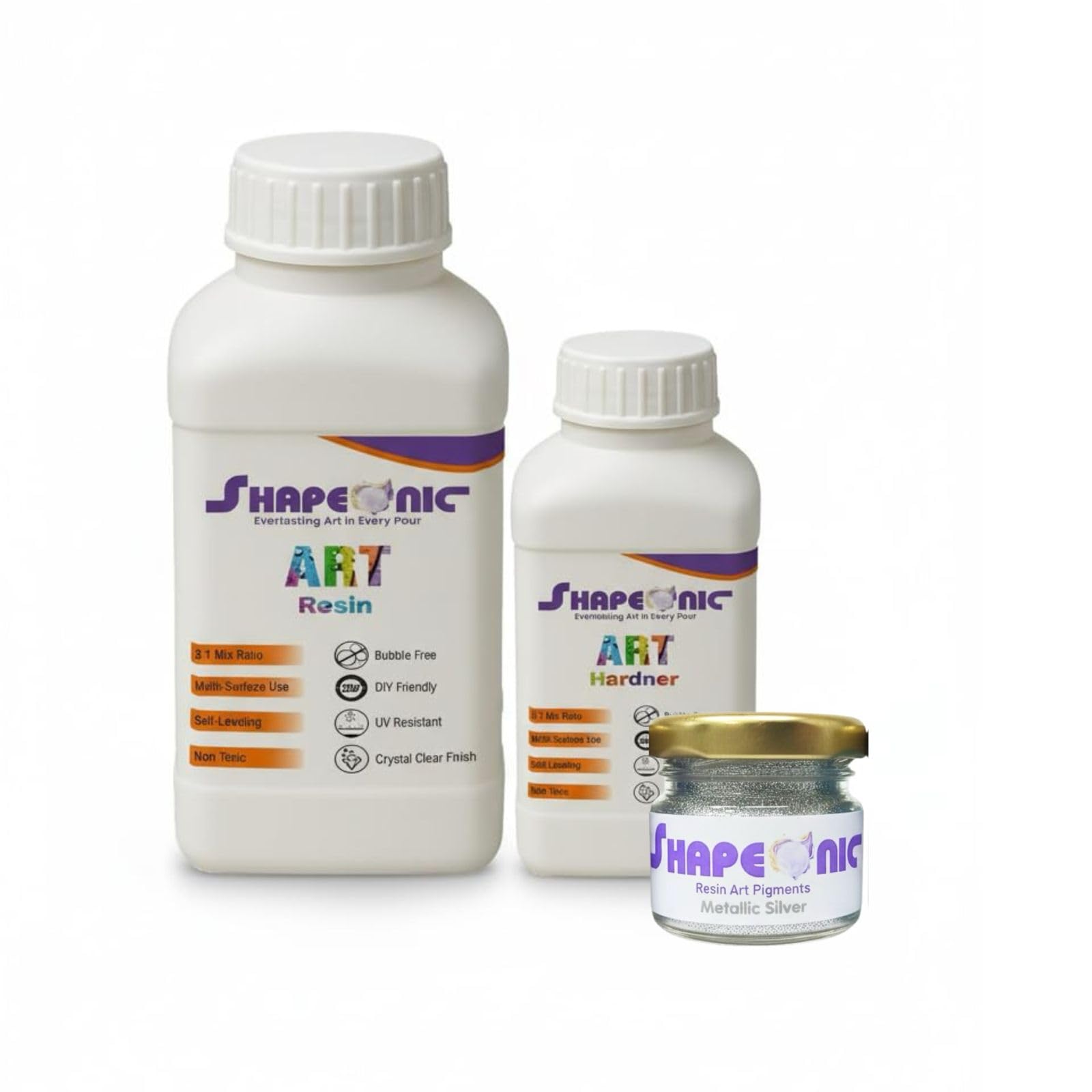 Crystal Clear Epoxy Resin Art Kit 300 Gram (3:1) with Metallic Silver Pigment (300 Gram+Metallic Silver Pigment)