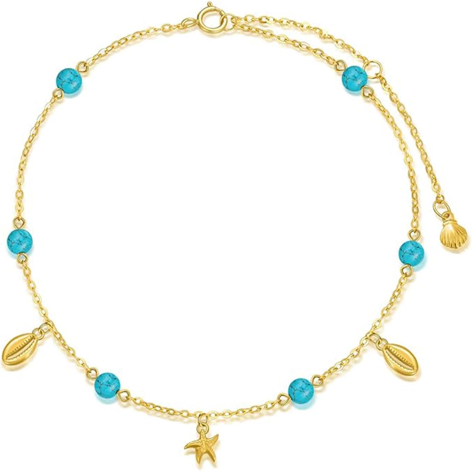 375/9K Echtgold Seestern Muschel Fußkettchen für Damen, Gelbgold Türkis Muschel Quaste Fußkettchen, Ozean Schmuck Geschenk, Jahrestag Geburtstag für Ehefrau Mutter Freundin, 20+5 cm