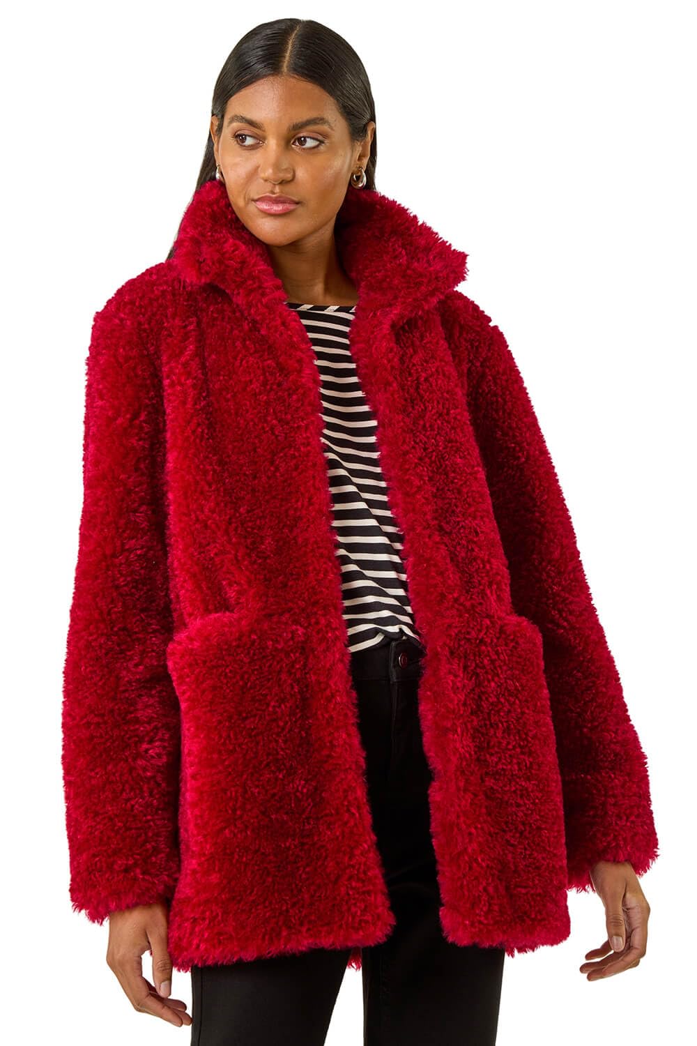 Roman Teddy Coat for Women UK Ladies Borg Faux Fur Coatigan Lined Casual Soft Fluffy Fleece Texture Oversized Longline Warm Cosy Winter Jacket Thick Cardigan - Red - Size 12