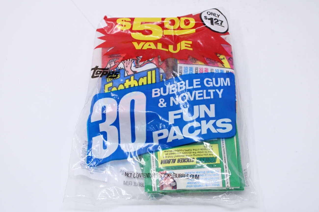 1982 Topps Football Unopened Fun Packs 5 - Topps FB, 15 Sticker, 10 mystery packs